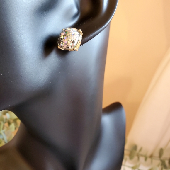 BOHO SILVER GLITTER CUSHION CUT STUD EARRINGS - Picture 3 of 5